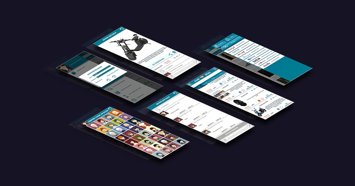 Fair Deal app screens: catalogue, product page, comments, avatars